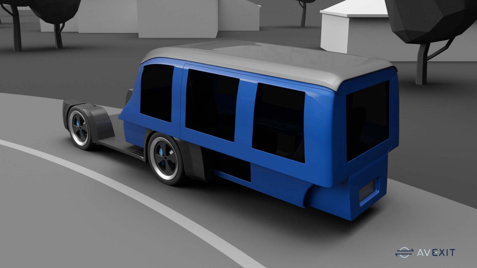 Generic AV model passenger pod mid-separation from powertrain, rear view